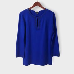 ST. John Sport Tunic Sweater Royal Blue Wool Blend Beaded Keyhole Neck Sz Small